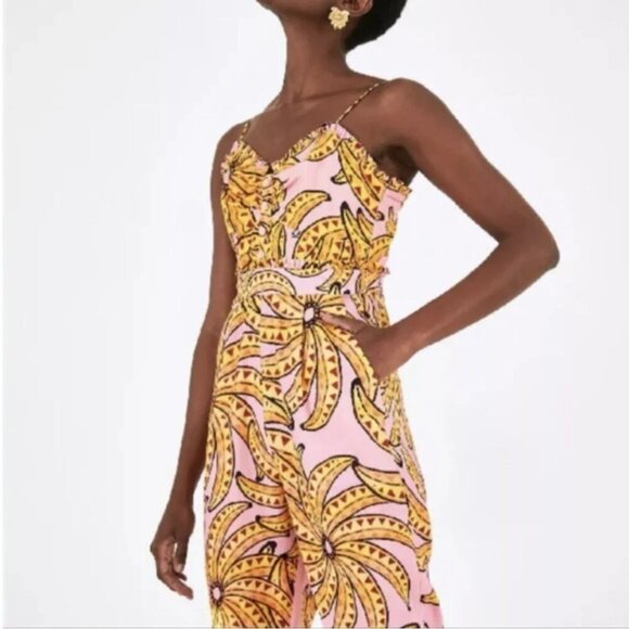 Farm Rio Jumpsuit Banana Print Linen Blend Halter Ladies Size XS Smocked Crop - Picture 7 of 15